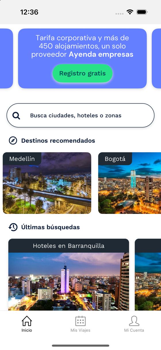 Inicio de la app de Ayenda con el buscador, destinos recomendados y últimas búsquedas